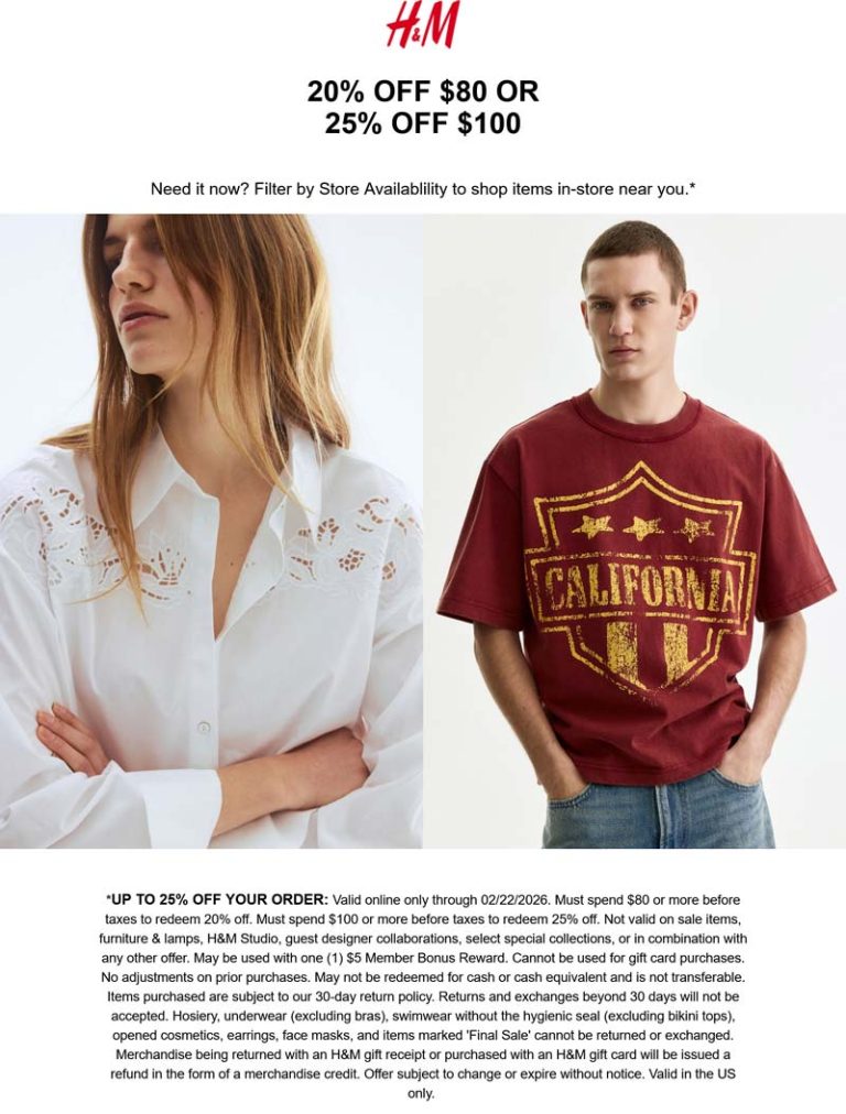 H&M coupon: 20-25% off $80+ online at H&M
