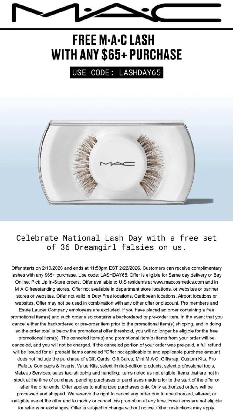 Free lashes on $65+ at MAC cosmetics, or online via promo code LASHDAY65