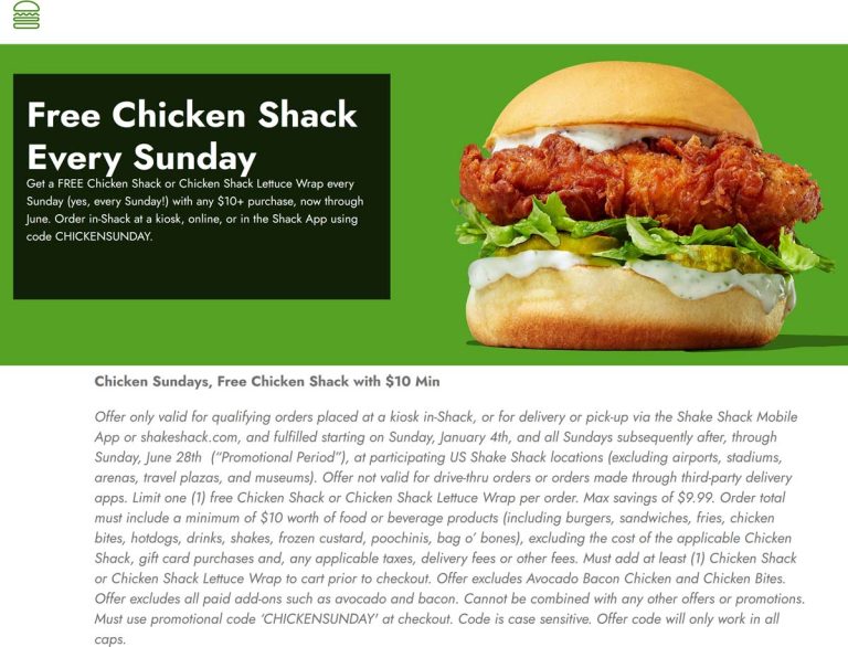 Free chicken sandwich on $10 Sundays at Shake Shack via promo code CHICKENSUNDAY