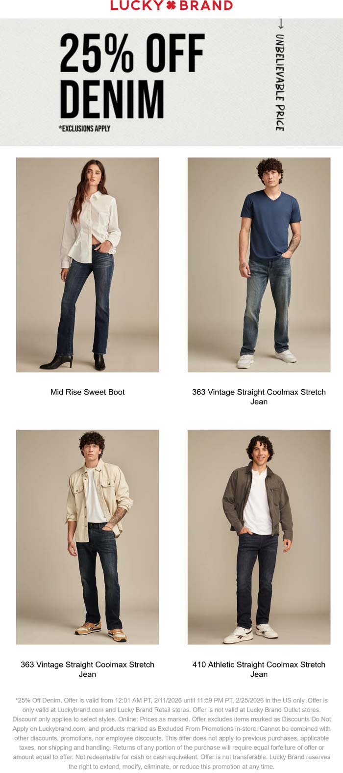 25% off denim at Lucky Brand, ditto online