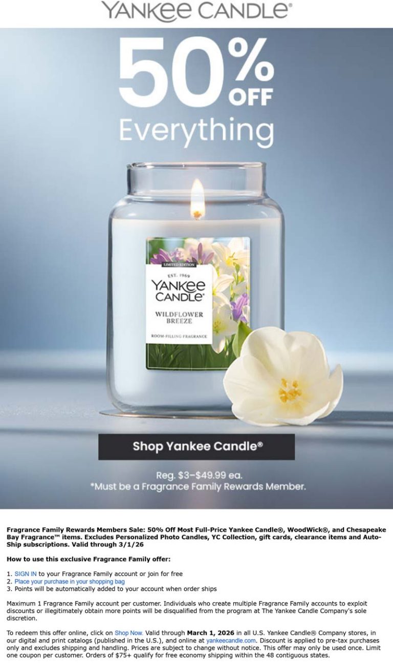 50% off everything at Yankee Candle, ditto online