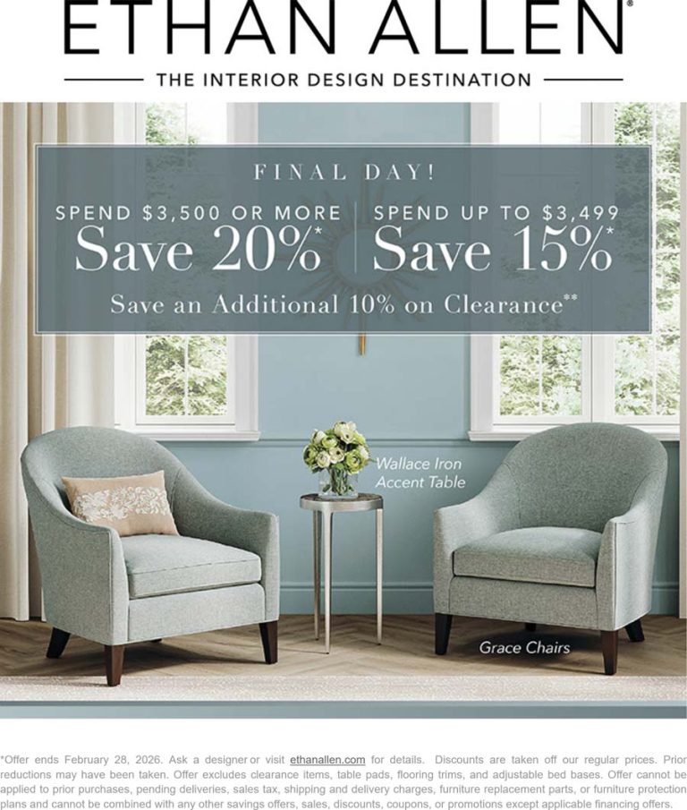 15-20% off furniture today at Ethan Allen