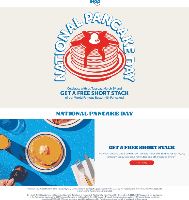 Free short stack of pancakes the 3rd at IHOP