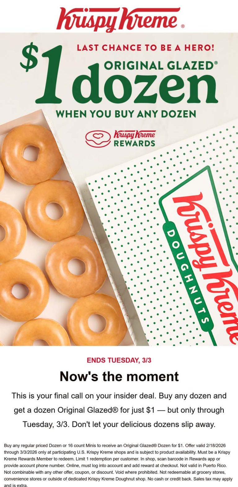 Second dozen doughnuts = $1 at Krispy Kreme