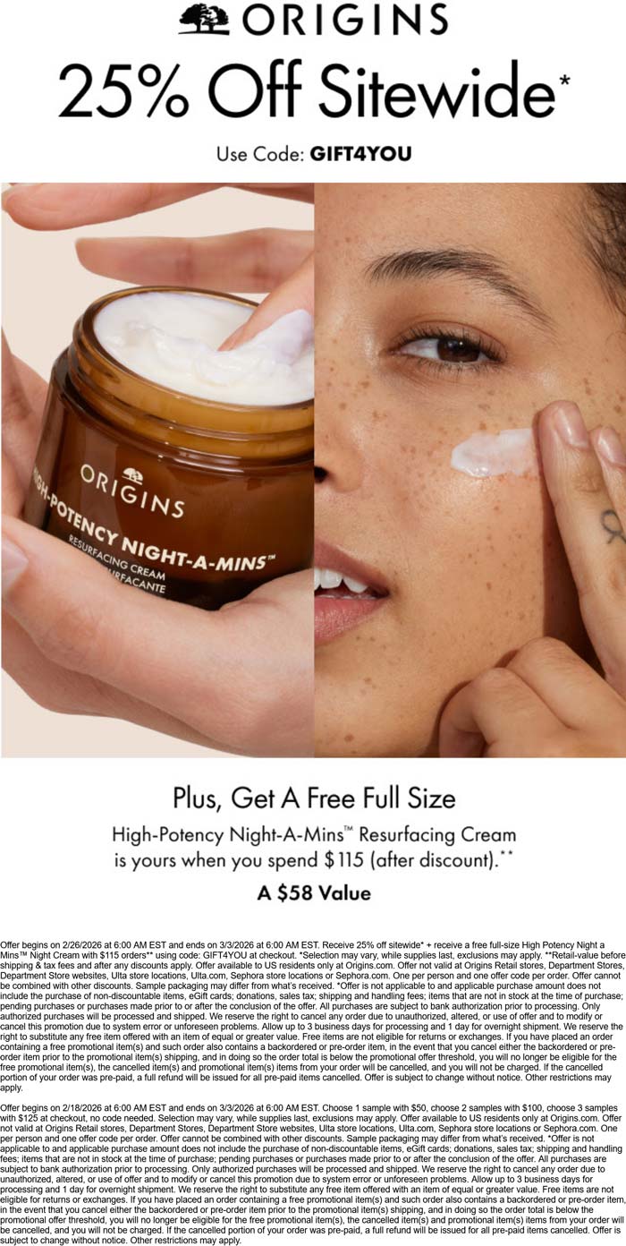25% off everything + free full size on $115 at Origins via promo code GIFT4YOU