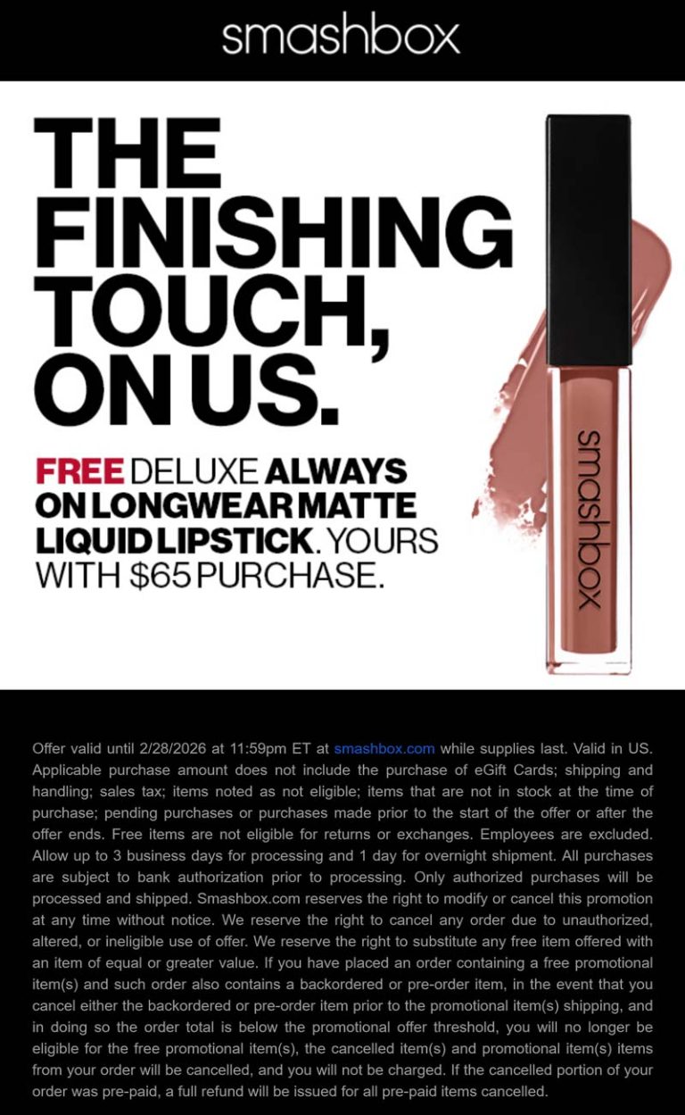 Free liquid lipstick on $65 today at Smashbox