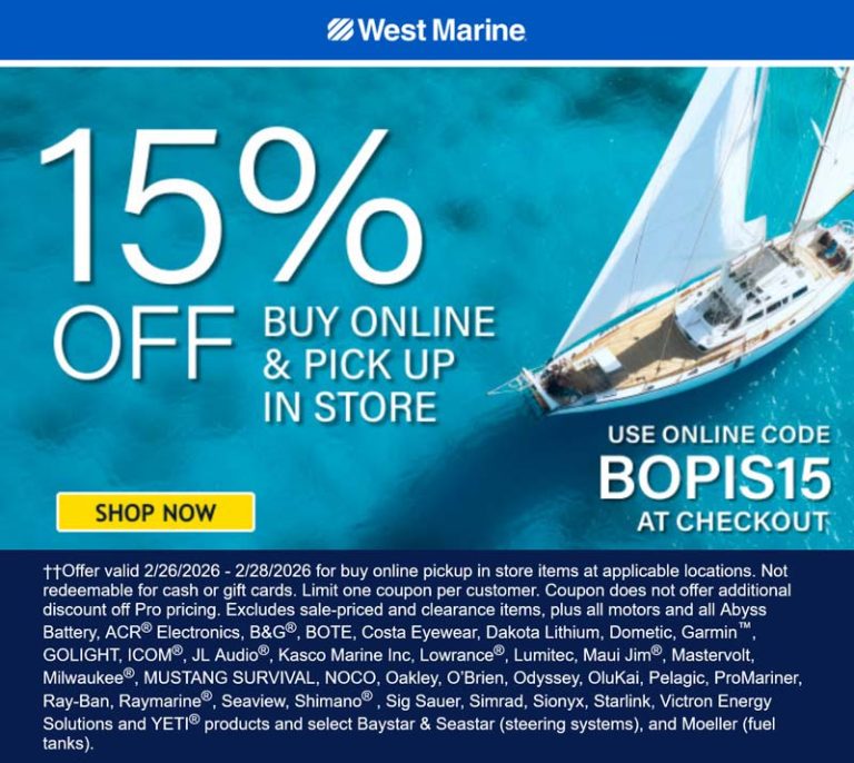 15% off today at West Marine via promo code BOPIS15
