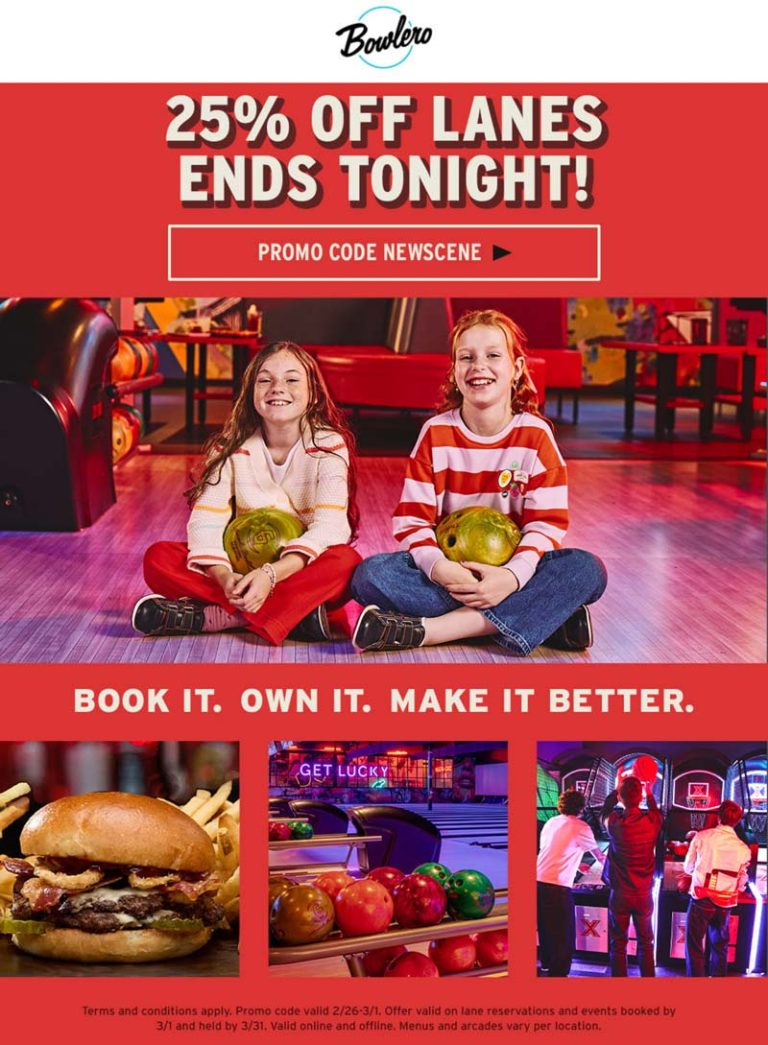 25% off lanes today at Bowlero bowling via promo code NEWSCENE