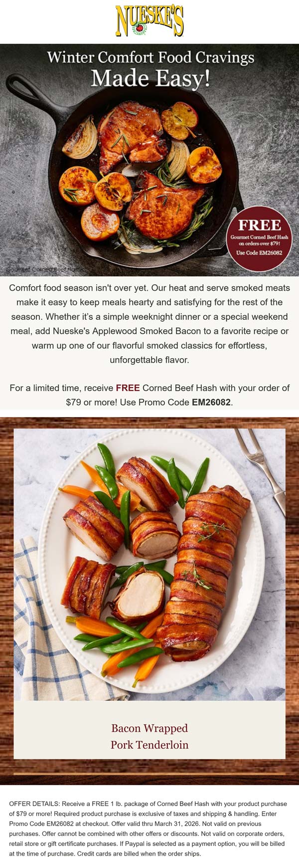 Free pound of corned beef hash on $79 at Nueskes smoked meats via promo code EM26082