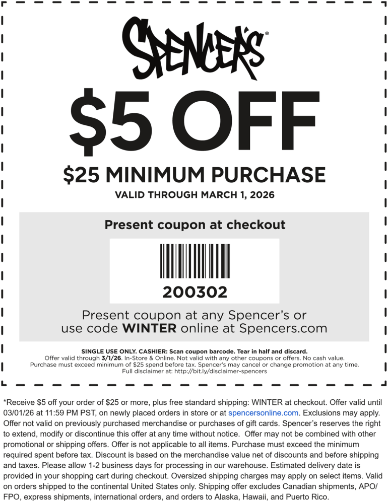 $5 off $25 today at Spencers, or online via promo code WINTER