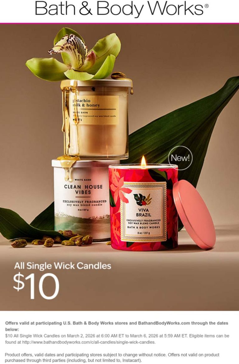 Bath & Body Works coupon: $10 single wick candles today at Bath & Body Works
