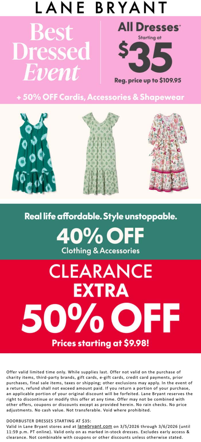 40% off clothing & 50% off clearance at Lane Bryant