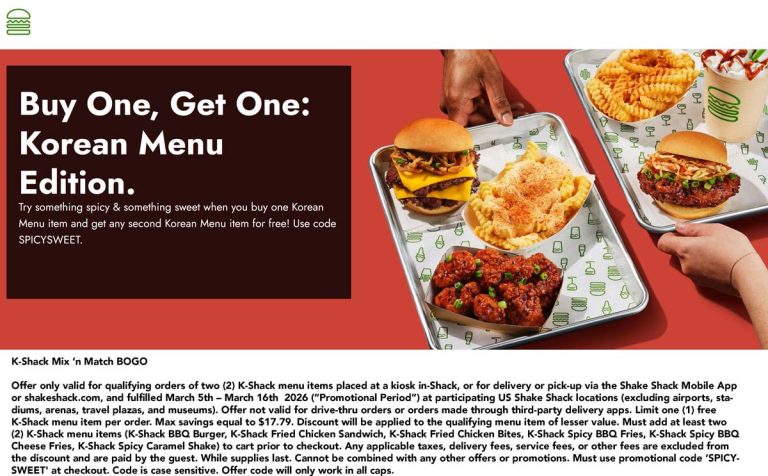 Second k-shack Korean menu item free at Shake Shack restaurants via promo code SPICYSWEET