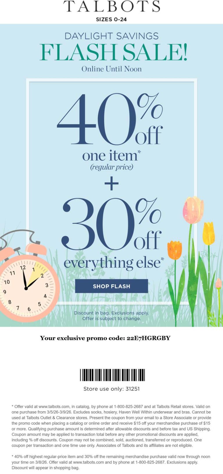 40% off a single item today at Talbots
