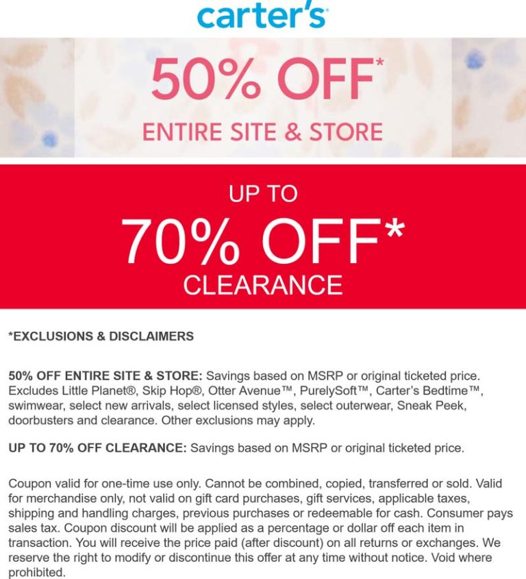 50% off everything at Carters, ditto online
