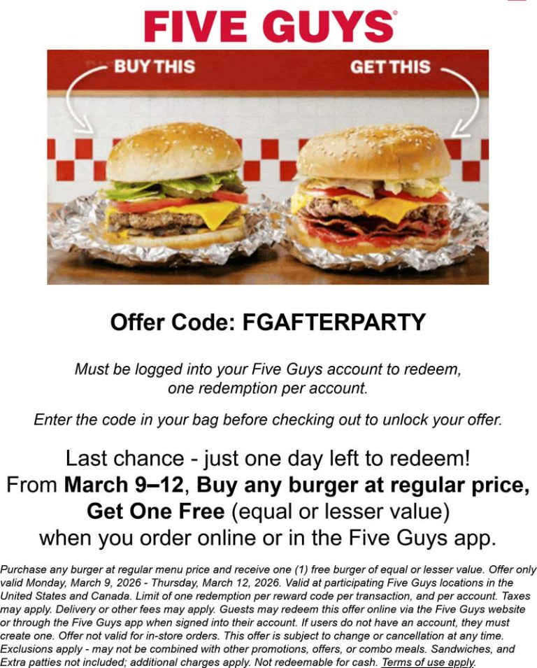 Second cheeseburger free today at Five Guys via promo code FGAFTERPARTY