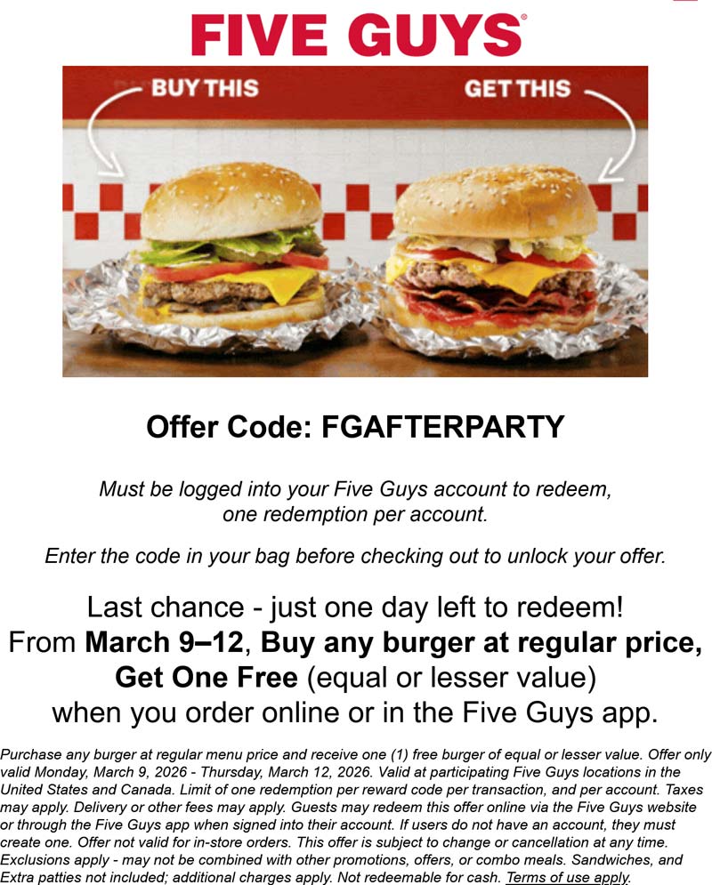 Second cheeseburger free today at Five Guys via promo code FGAFTERPARTY ...