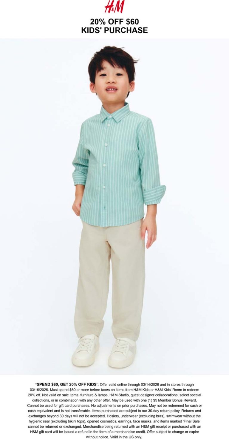 H&M coupon: Kids is 20% off $60+ at H&M