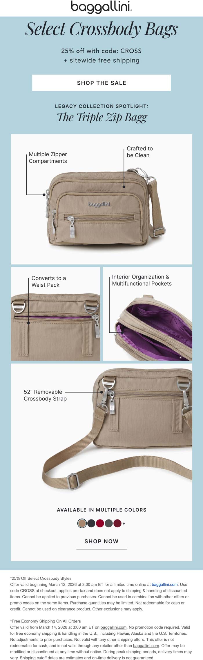25% off crossbody bags at baggallini via promo code CROSS