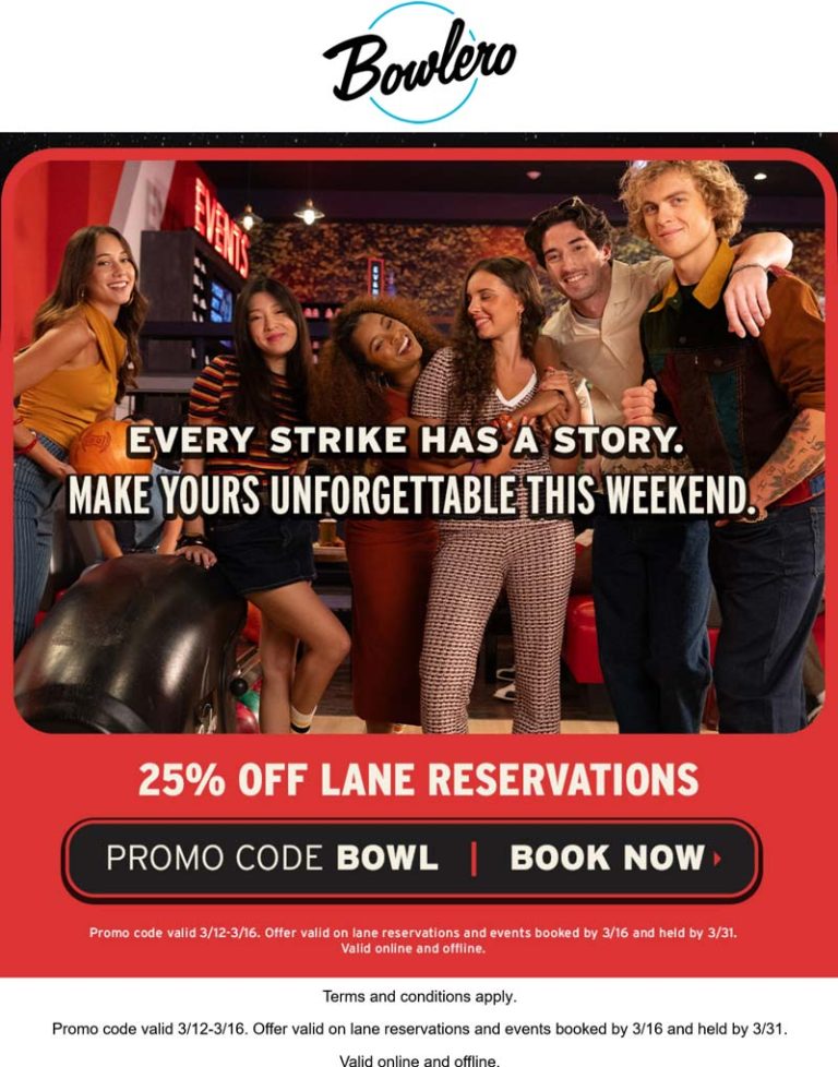 25% off bowling lane reservations this weekend at Bowlero via promo code BOWL