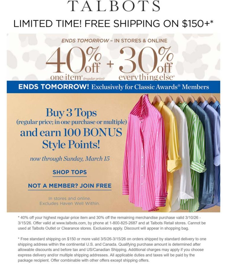 30-40% off at Talbots, ditto online