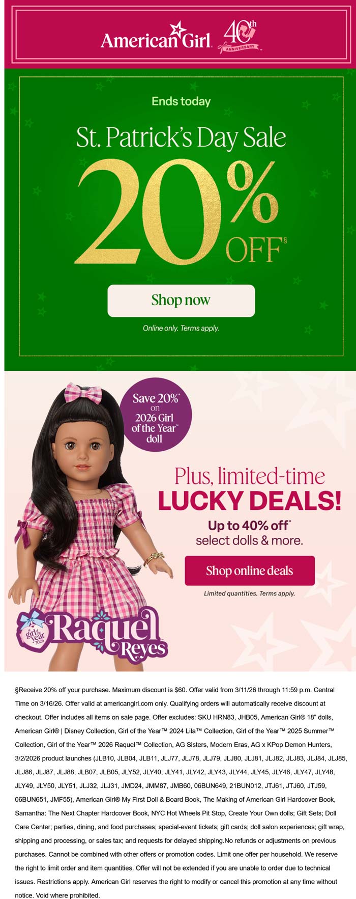 20% off today at American Girl dolls