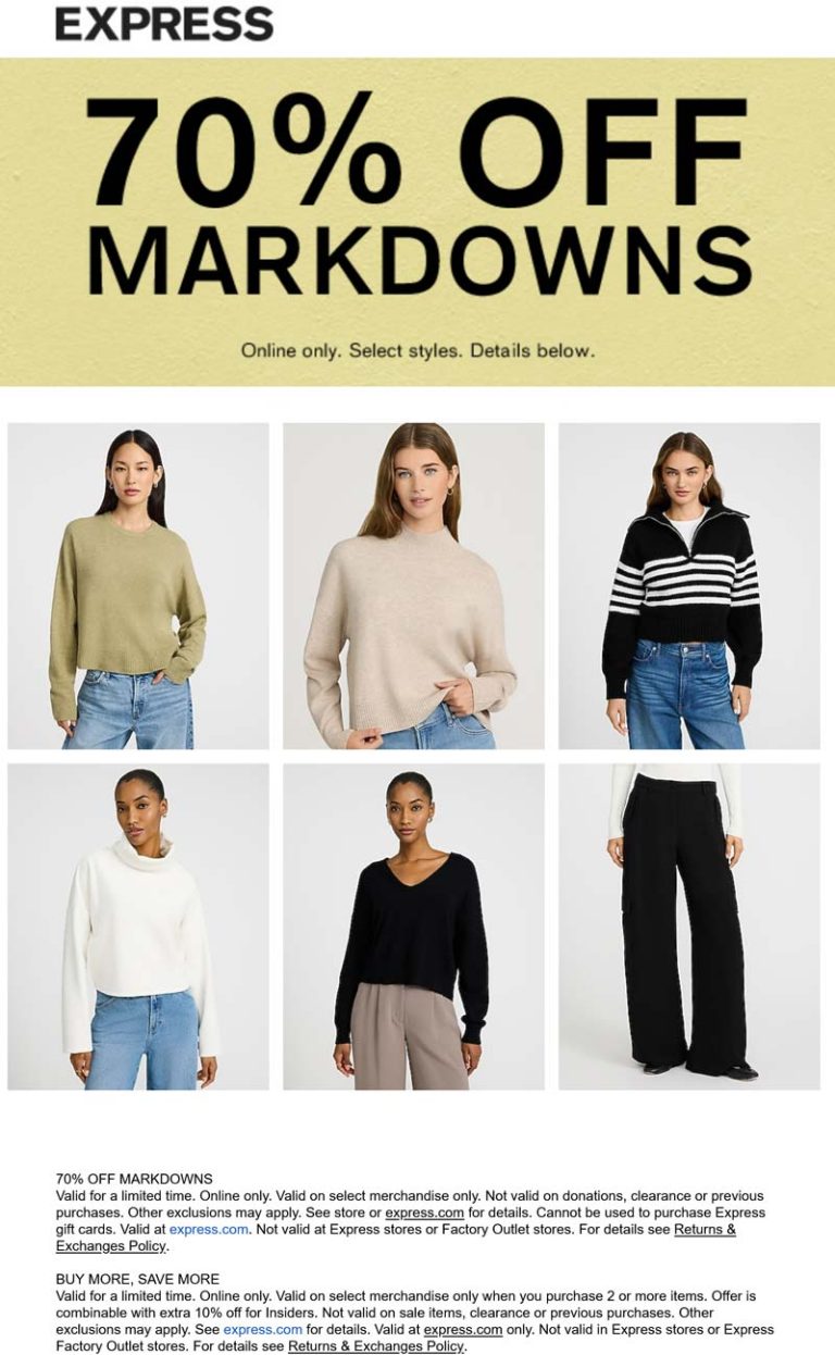 70% off sale items online today at Express
