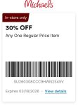 30% off a single item at Michaels, or online via promo code SPRING30 #michaels