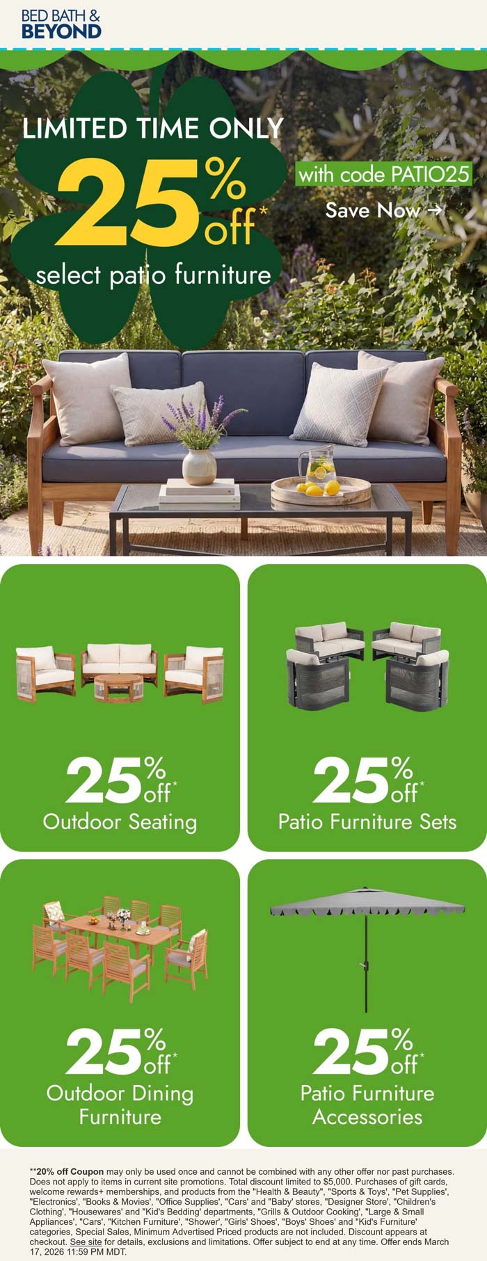 Bed Bath & Beyond coupon: 25% off patio season at Bed Bath & Beyond via promo code PATIO25