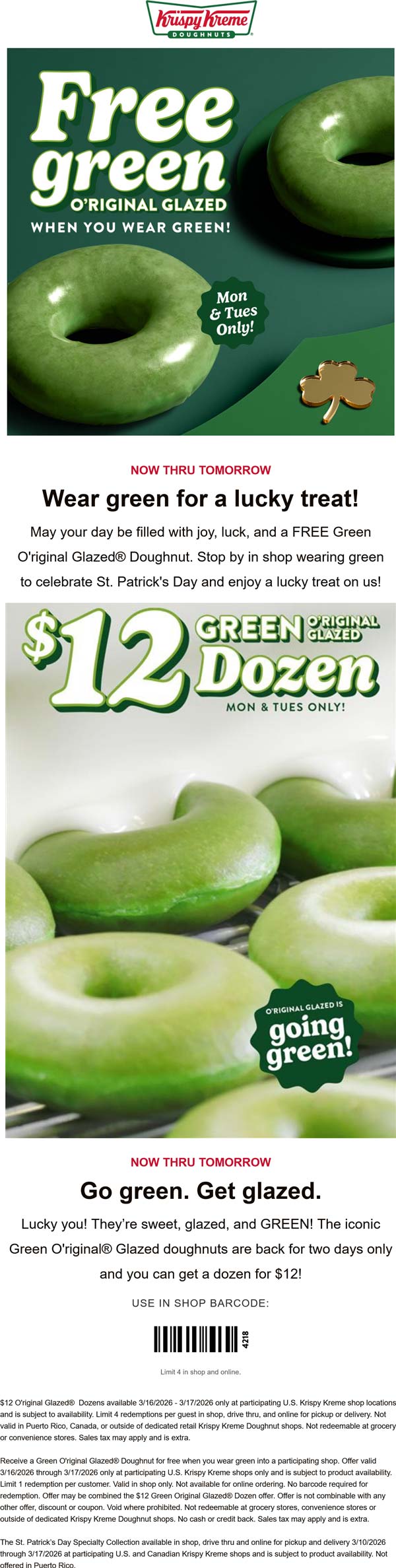 Free green glazed wearing green & $12 dozen at Krispy Kreme doughnuts