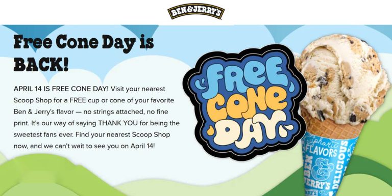 Ben & Jerrys coupon: Free cone day the 14th at Ben & Jerrys ice cream
