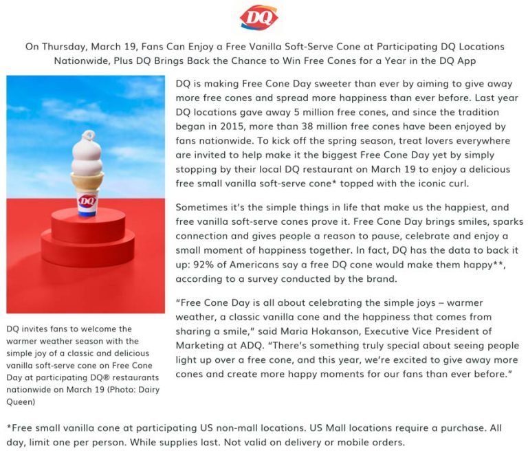 Free ice cream cone today at Dairy Queen