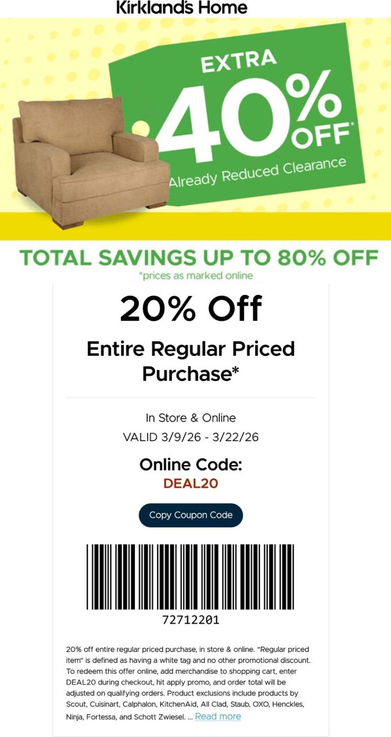 20-40% off at Kirklands Home, or online via promo code DEAL20
