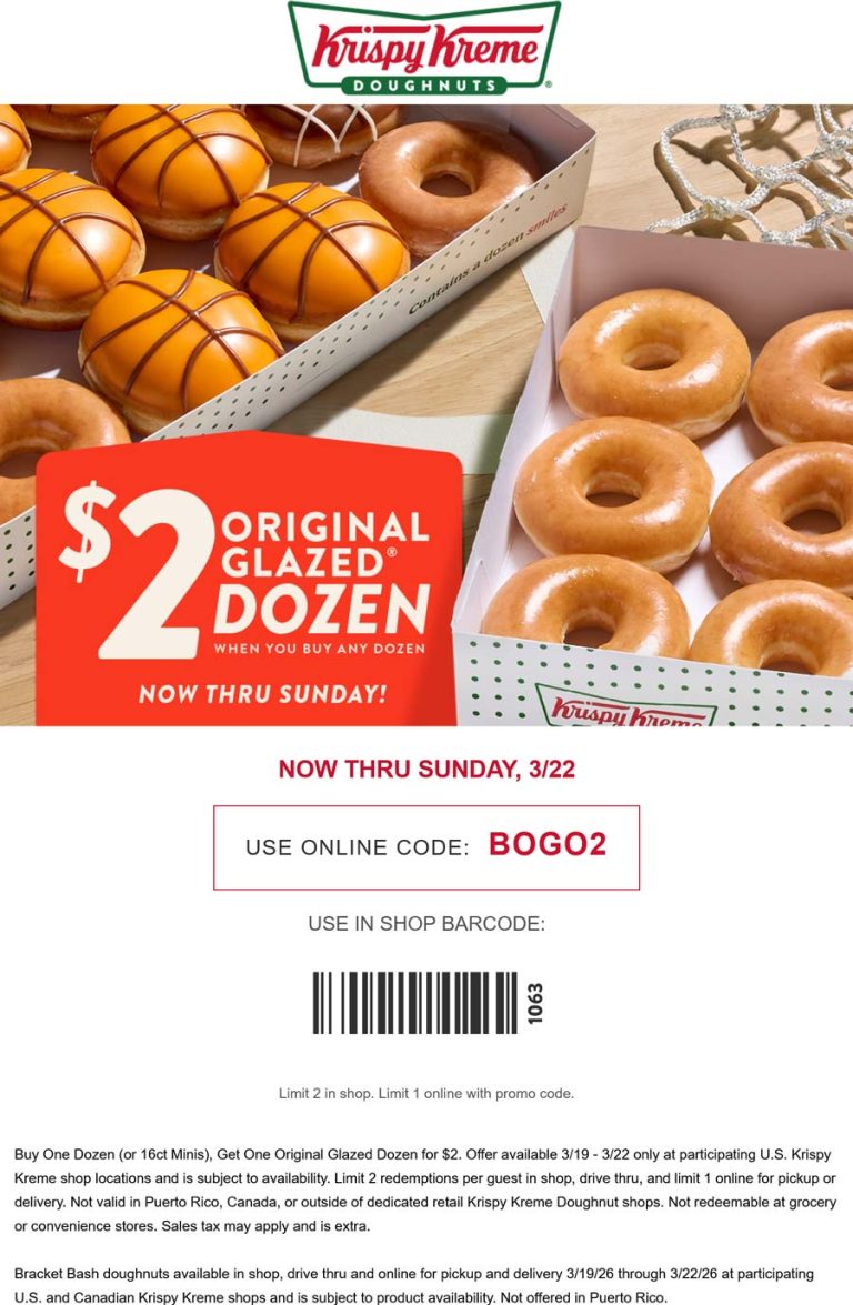 Second dozen doughnuts = $2 at Krispy Kreme, or online via promo code BOGO2