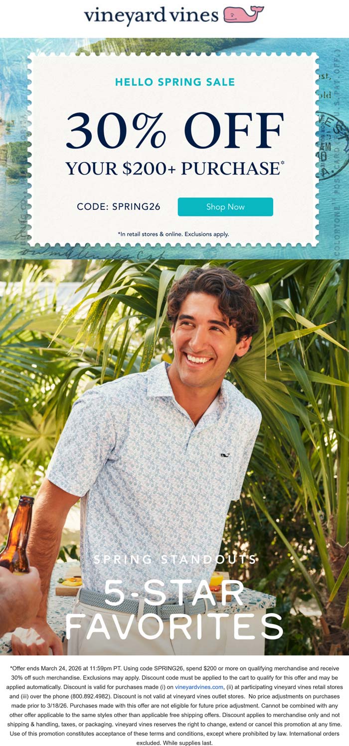 30% off $200+ at Vineyard Vines via promo code SPRING26