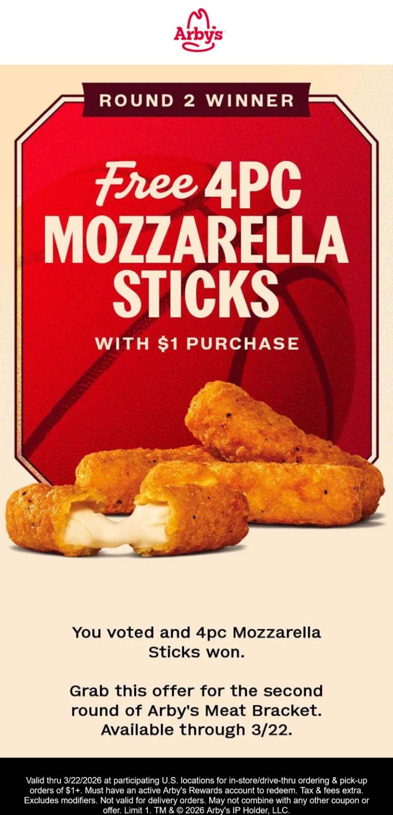 Free 4pc mozzarella sticks on $1 at Arbys restaurants