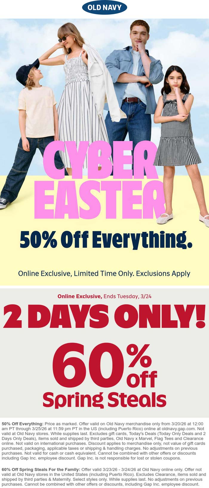 50% off everything online today at Old Navy