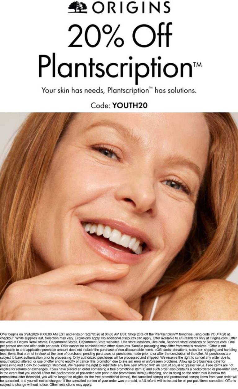 20% off plantscription at Origins via promo code YOUTH20