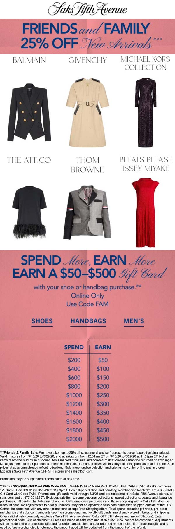 25% off new arrivals & more at Saks Fifth Avenue, or online via promo code FAM
