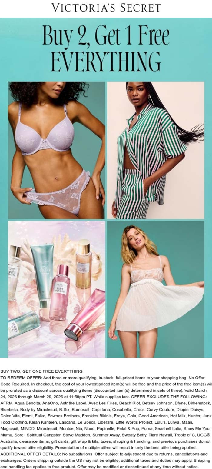 3rd item free at Victorias Secret, ditto online