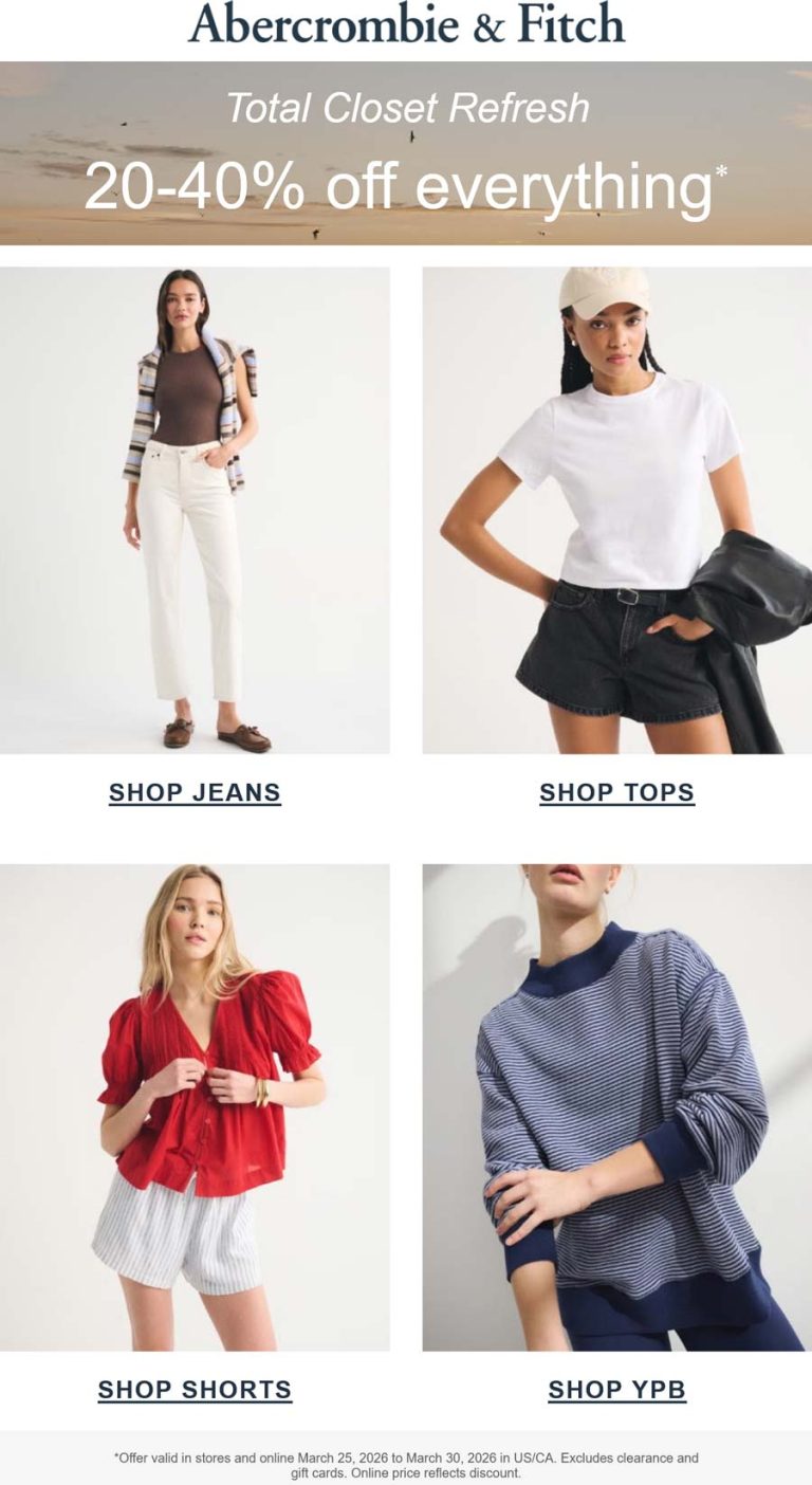 Abercrombie & Fitch coupon: 20-40% off everything at Abercrombie & Fitch, ditto online