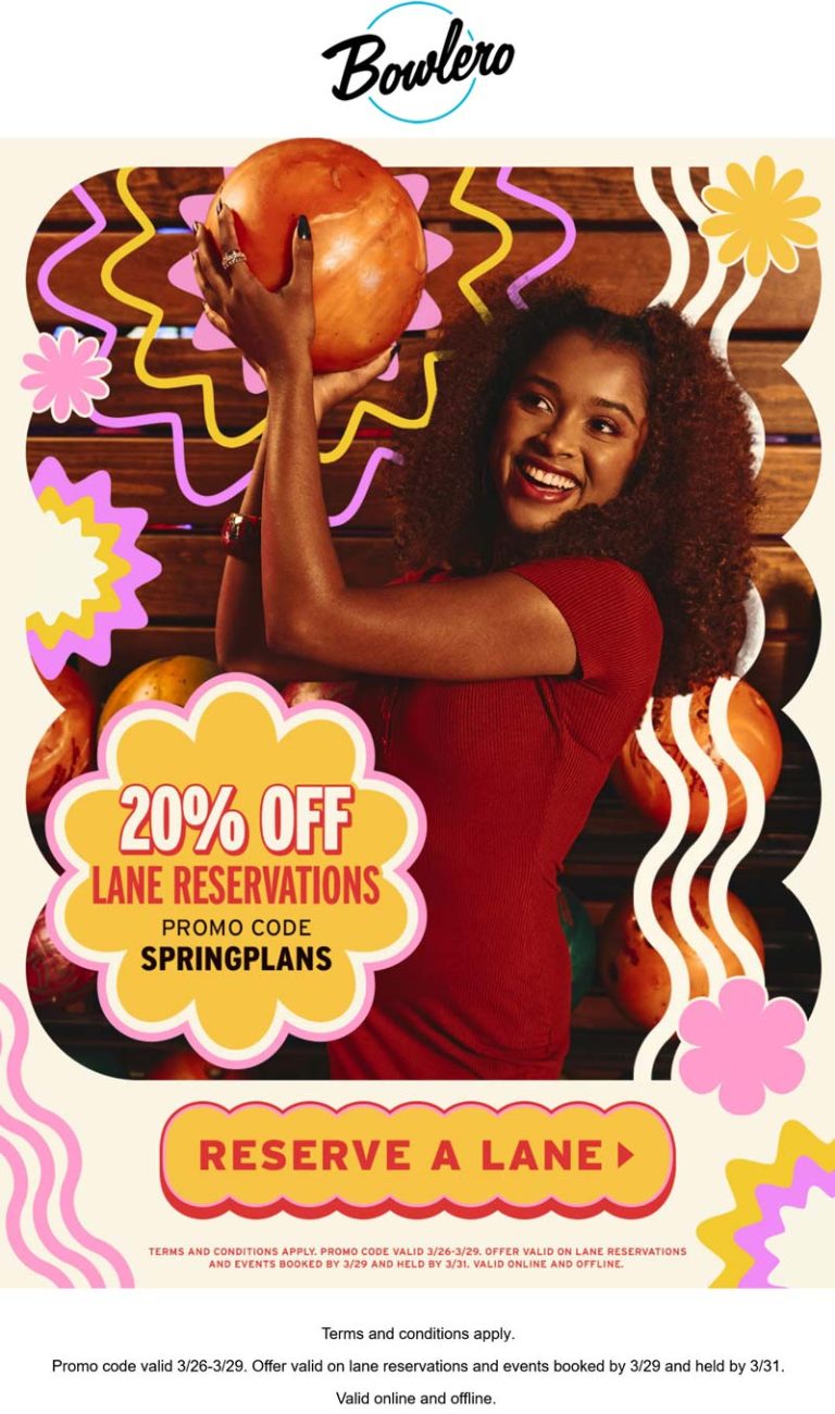 20% off bowling lane reservations at Bowlero via promo code SPRINGPLANS