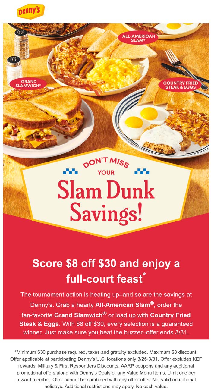 $8 off $30 at Dennys restaurants