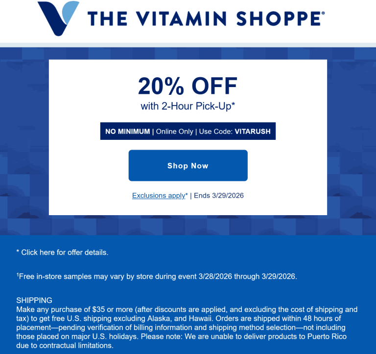 20% off at The Vitamin Shoppe via promo code VITARUSH