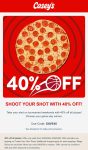 40% off pizza today at Caseys via promo code SAVE40 #caseys