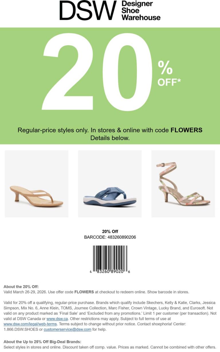 20% off today at DSW, or online via promo code FLOWERS