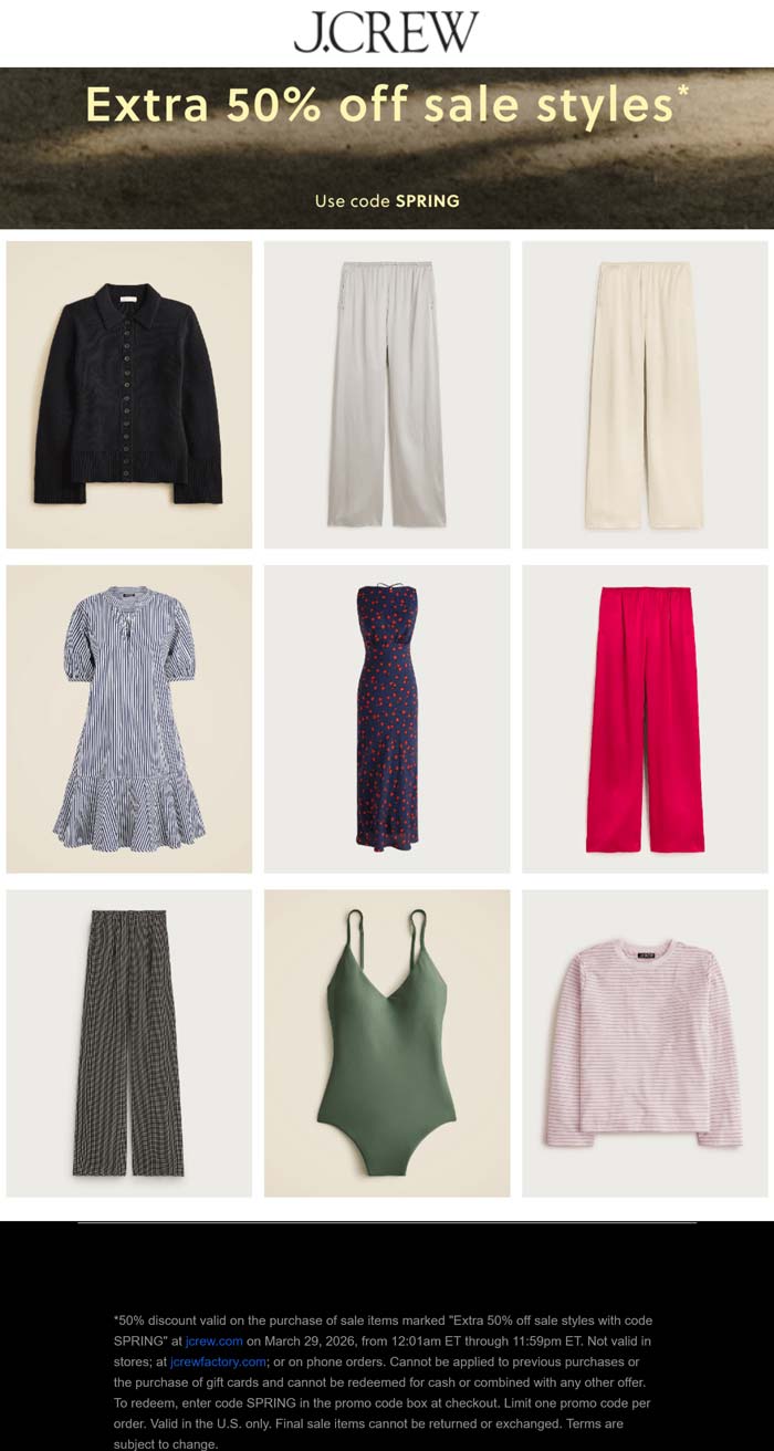 Extra 50% off sale styles today at J.Crew via promo code SPRING