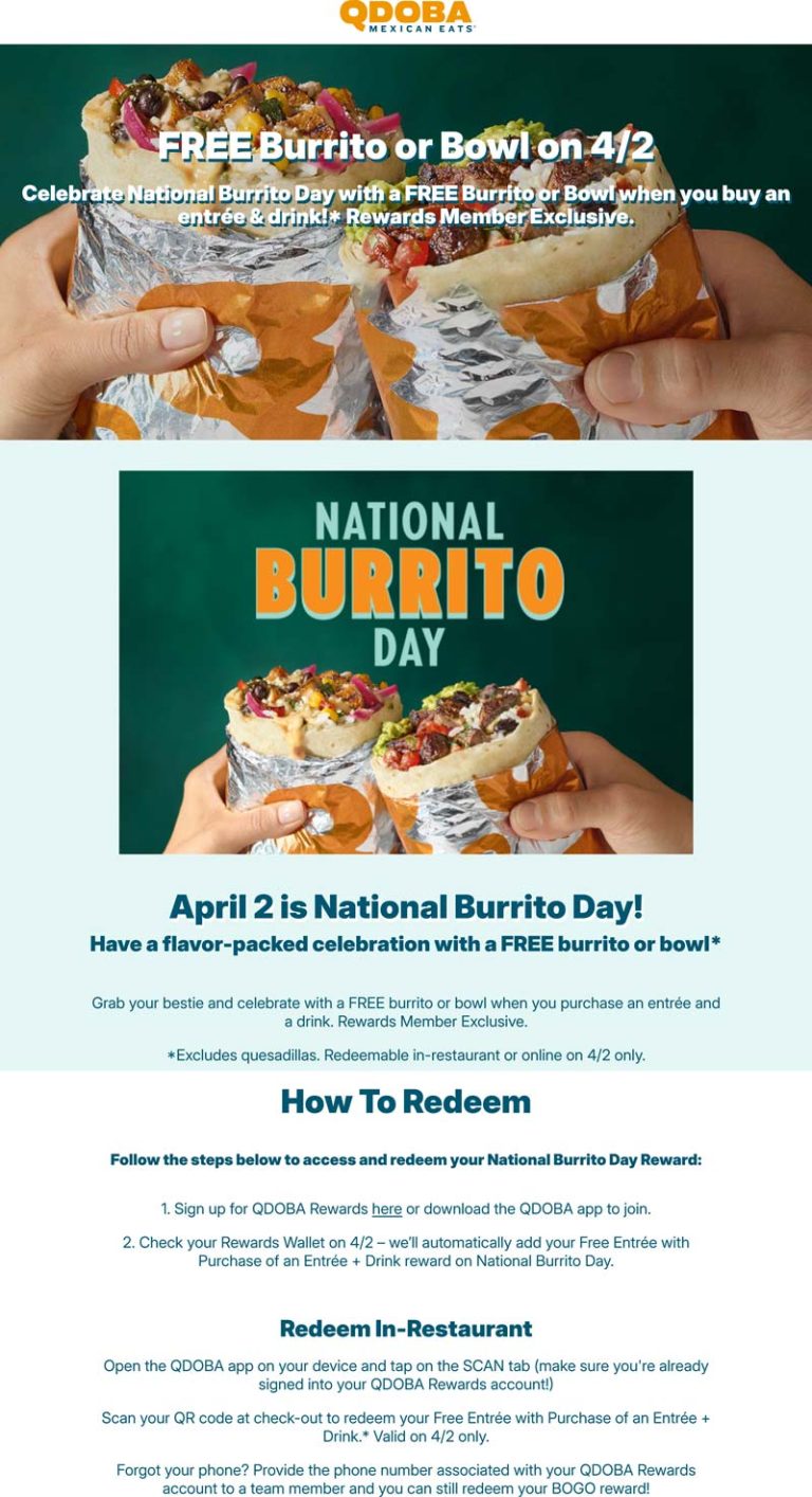 Second burrito or bowl free Thurs at Qdoba
