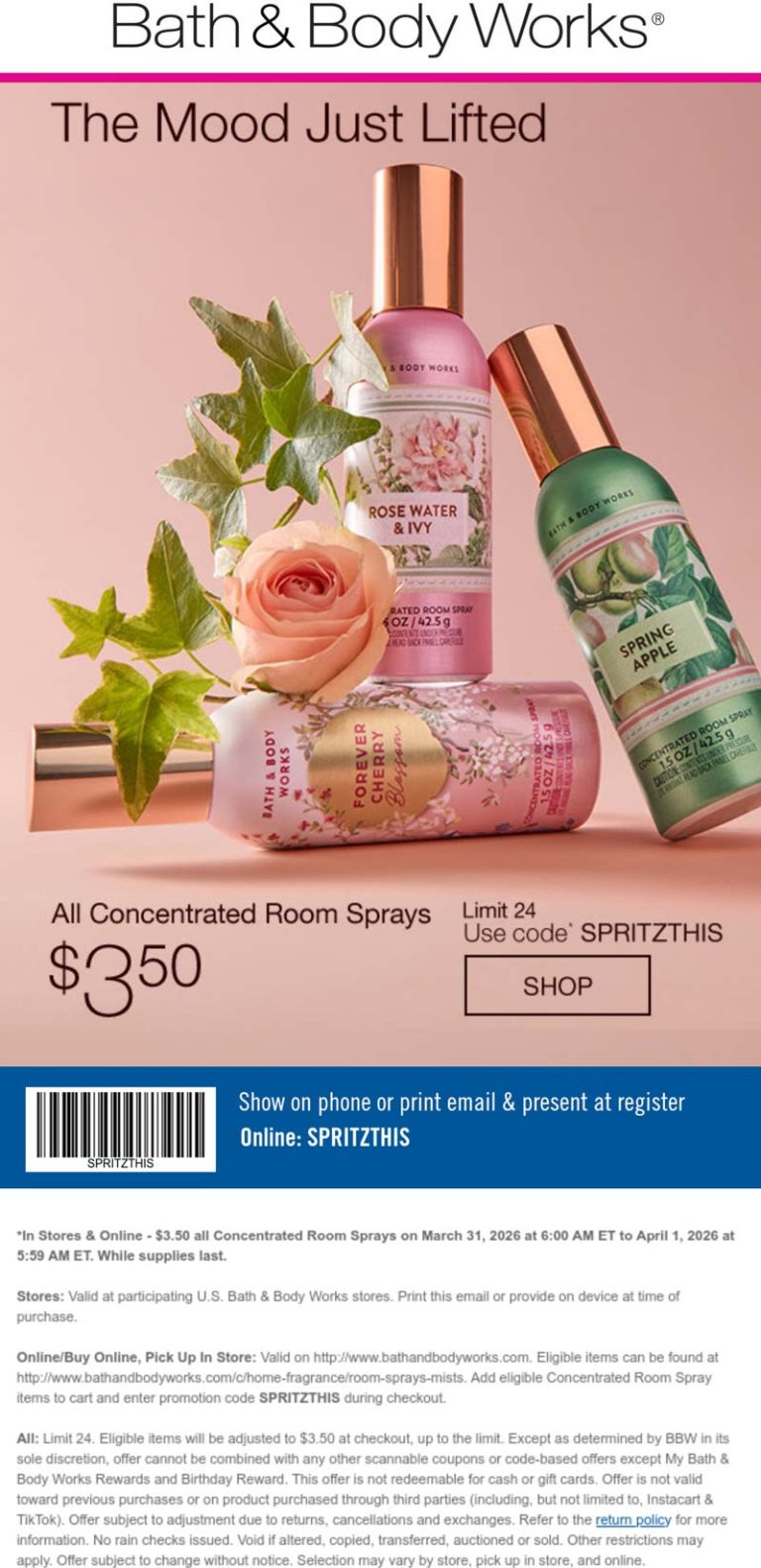 Bath & Body Works coupon: $3.50 room sprays today at Bath & Body Works, or online via promo code SPRITZTHIS