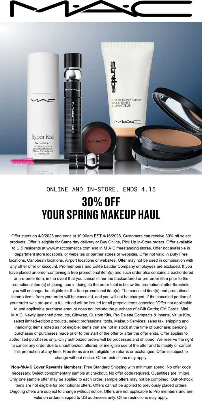 30% off makeup at MAC cosmetics, ditto online